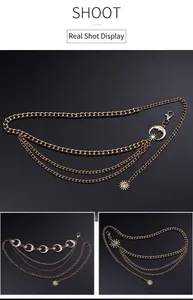 Detailed views of adjustable gold multi-layer metal waist chain with sun and moon charms