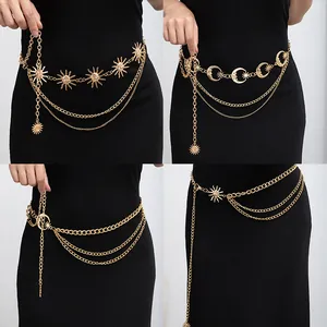 Elegant gold metal sun and moon multi-layer waist chain belt for adjustable dresses