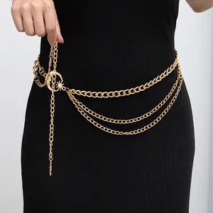 Elegant gold multi-layer waist chain belt with sun and moon pendants for women's dresses