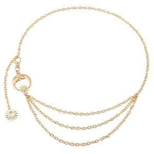 Elegant adjustable gold multi-layer waist chain with sun and moon charms for dresses