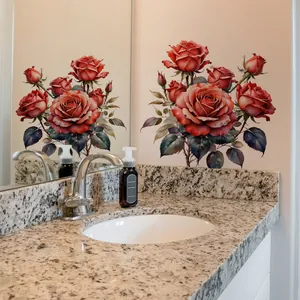 Detail of realistic red rose wall stickers applied on bathroom wall above sink