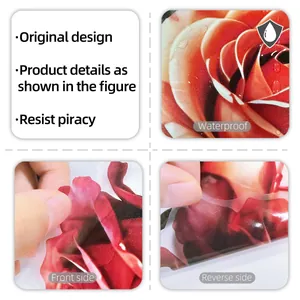 Macro view of waterproof floral wall sticker showing front and reverse side texture