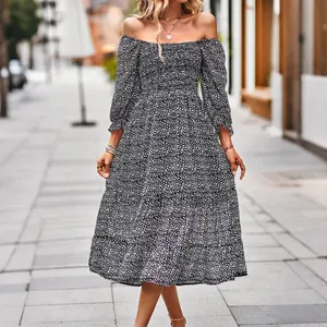 Floral Print Smocked Square Neck Tiered Midi Dress Lantern Sleeve Boho Casual Fashion For Women