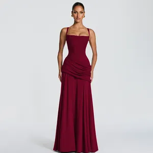 Elegant burgundy evening gown with pleated waist and floor-length flared skirt