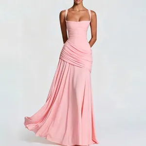 Elegant pink pleated evening dress with spaghetti straps and slim fit design