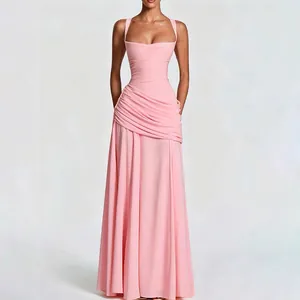 Elegant pink sleeveless maxi dress featuring a pleated waist and a slim fit evening gown style
