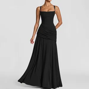 Elegant black ruched floor-length evening dress with slender straps for formal occasions