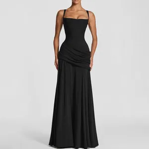 Elegant black pleated camisole evening gown with ruched waist and square neck design.