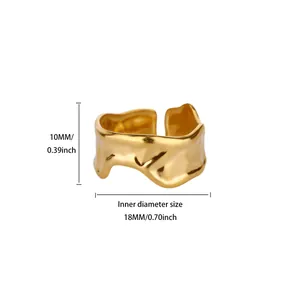 Gold stainless steel ring with irregular molten texture and 18mm inner diameter measurement