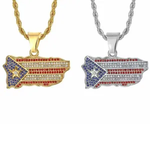 Hip-hop Puerto Rico flag map pendants with colorful rhinestones in gold and silver
