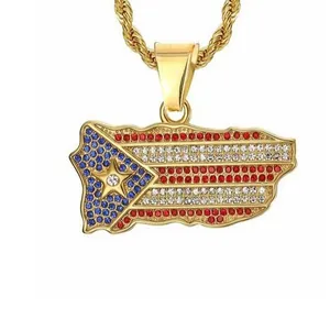 Detailed macro view of a hip-hop Puerto Rico flag pendant set with vibrant rhinestones