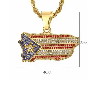 Close-up of Puerto Rico flag pendant with detailed rhinestone inlay and gold plating.