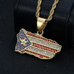 Iced out Puerto Rico flag map shaped pendant necklace in gold plated steel jewelry.