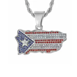 Iced out hip hop Puerto Rico flag map shaped pendant necklace with colorful rhinestones