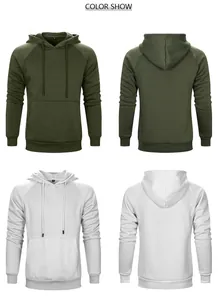 Front and back views of men's autumn hooded sweatshirts in green and white colors
