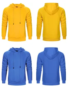 Front and back views of men's hooded sweatshirts in yellow and blue colors.