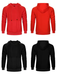 Front and back views of men's casual autumn hooded sweatshirts in red and black colors
