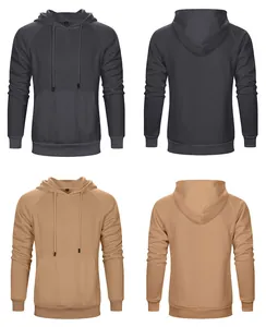 Front and back views of men's hooded sweatshirts in charcoal and camel colors