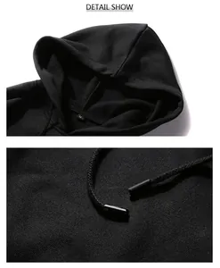 Detailed macro view showing the adjustable drawstring and fabric texture of a black men's hoodie