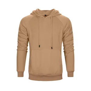 Classic men's khaki hooded sweatshirt featuring a kangaroo pocket and drawstring hood
