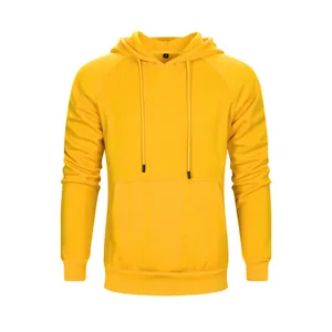 Men's vibrant yellow raglan sleeve hooded sweatshirt with a kangaroo front pocket