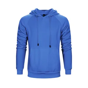 Classic blue men's autumn hooded sweatshirt with kangaroo pocket and drawstring
