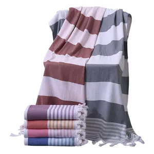 Striped Turkish cotton beach towels with tassels, absorbent Pestemal bath towel set