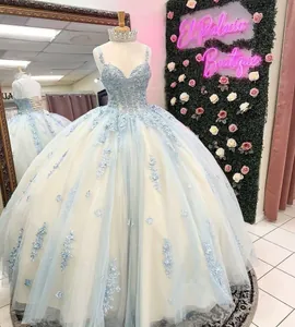 Detailed view of a luxury light blue tulle ball gown with floral lace and corset top