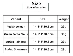 Size and weight table for Christmas burlap wine bottle covers in four styles
