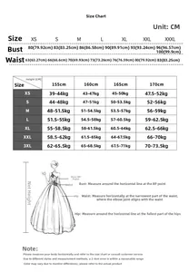 Detailed size chart including chest, waist, and height measurements for evening dress