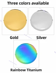 Display of Nordic metal round trays in gold, silver, and rainbow titanium finishes.