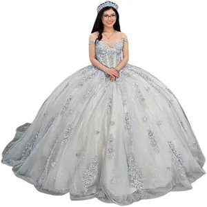 Detailed view of a silver ball gown dress featuring intricate lace and tulle layers.