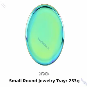 Detailed macro view of a 20cm iridescent metallic round tray for jewelry storage