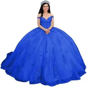 Elegant royal blue off-the-shoulder ball gown with lace appliques and full tulle skirt
