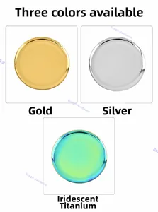 Circular stainless steel storage trays available in gold silver and rainbow finishes
