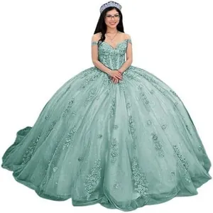 Elegant sage green ball gown with off-the-shoulder straps and floral lace appliqués