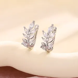 Elegant silver wheat ear leaf clip-on earrings with sparkly marquise cut cubic zirconia