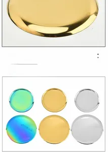 Close-up detail and color variations of minimalist round stainless steel metal trays