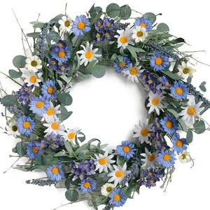 Vibrant artificial daisy and eucalyptus leaf wreath for spring home door decoration