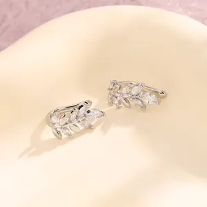 Elegant silver-toned wheat leaf ear cuff jewelry set with sparkling marquise zircons