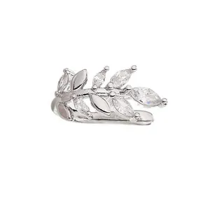 Sparkling silver wheat ear cuff featuring marquise zircon leaves for non-pierced ears