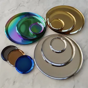 Premium round metal stainless steel trays in gold silver and iridescent colors