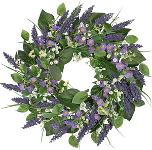 Handmade artificial lavender and daisy floral wreath for spring front door decoration