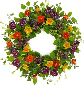 Colorful vibrant artificial spring floral wreath for front door wall decoration