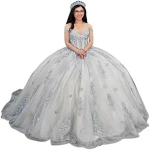 Elegant silver ball gown prom dress with sequined bodice and off-shoulder tulle skirt