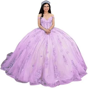 Elegant lavender ball gown prom dress with floral lace embroidery and tulle skirt