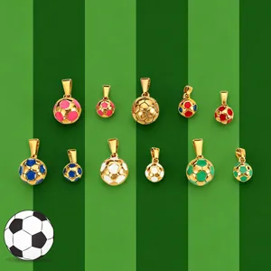 Detailed view of various colorful enamel soccer ball pendants in 18k gold plated finish.
