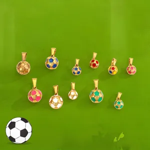 Detailed view of colorful enamel soccer ball pendants with 18k gold plating finish