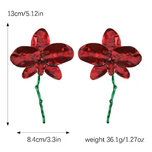 Oversized red flower drop earrings with green stem, detailed size and weight specs