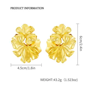 Detailed dimension view of large gold sculptural flower drop earrings, 6cm length
